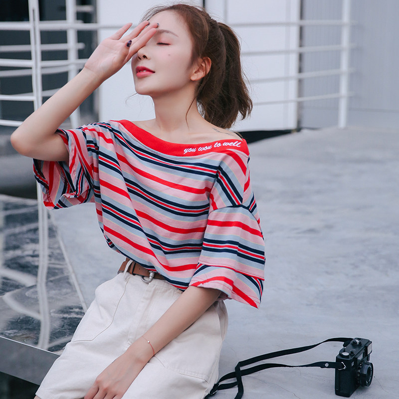 一字肩上衣学生女韩版百搭夏齐肩上一字领字母