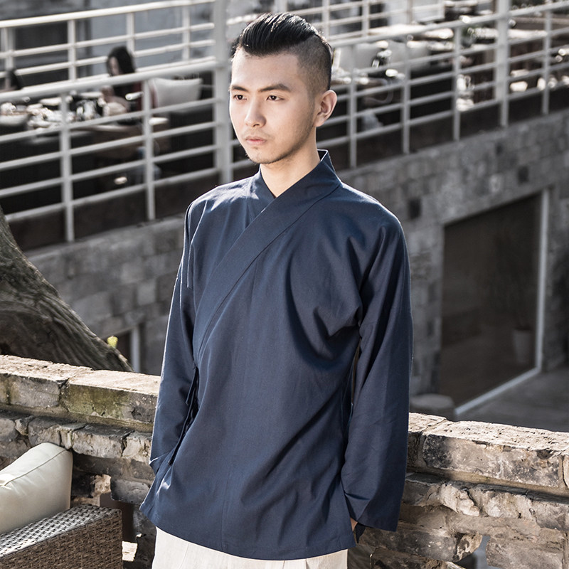重华新款男士棉麻斜襟汉服 春秋茶服上衣 中式长袖禅修居士服男
