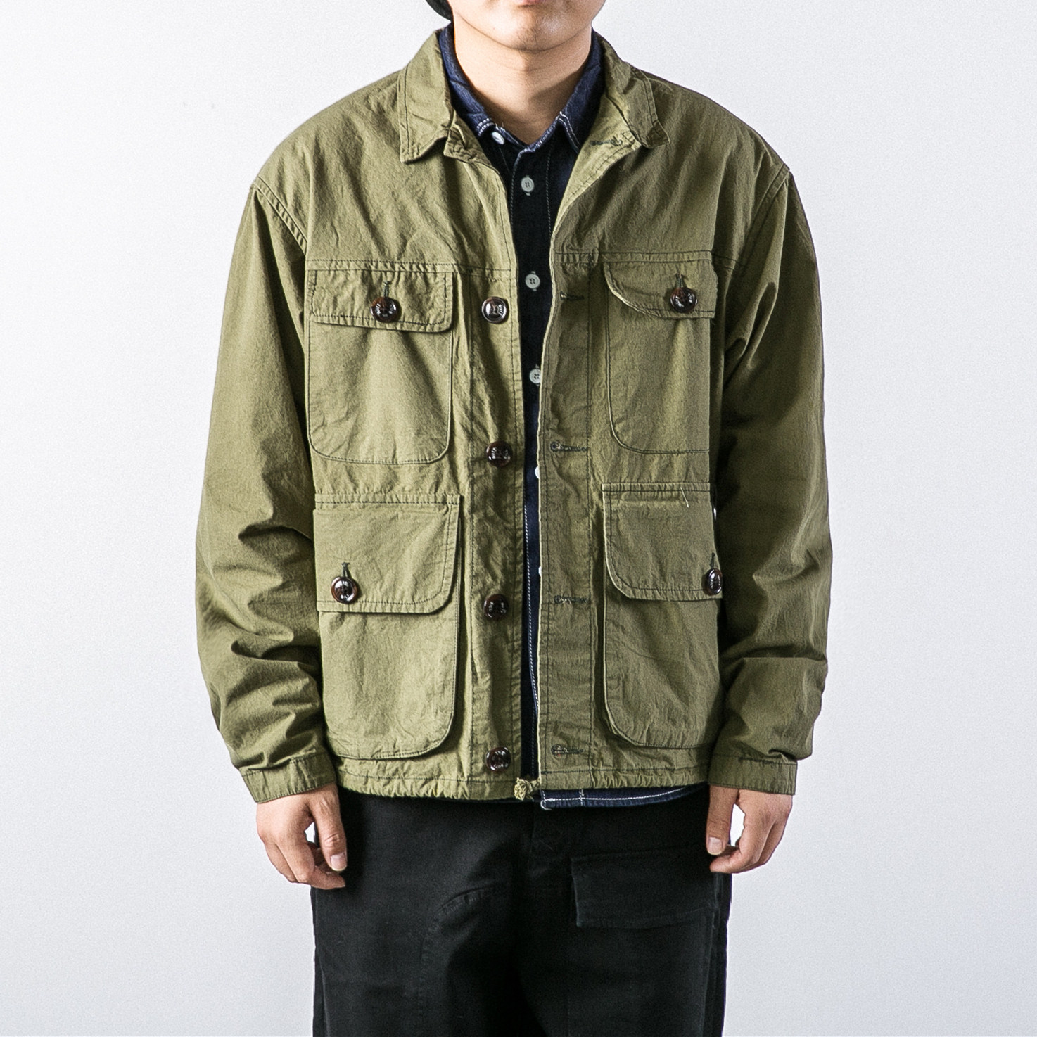 atblab 日系多口袋休闲冲锋连帽夹克男 复古纯色宽松军事工装外套