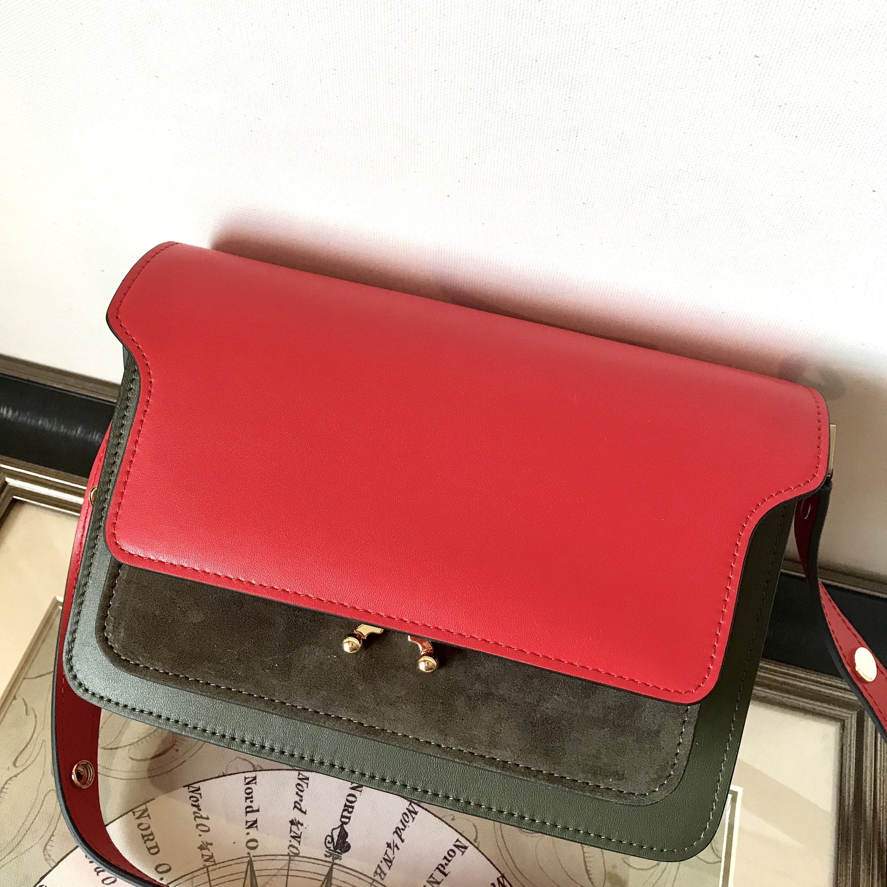 【雯玛尼】 trunk包 风琴包 中号 单肩斜挎女包百搭简约 红绿绒