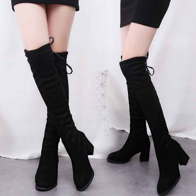 2017新款秋季长靴女过膝高跟粗跟弹力靴子女秋高筒百搭韩版长筒靴