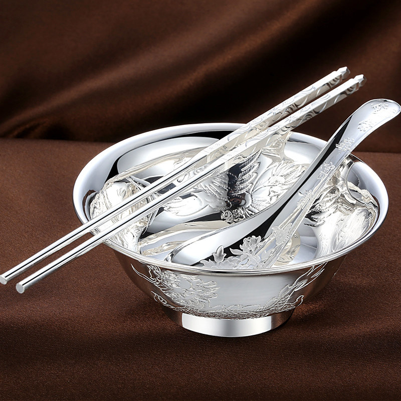 银筷子999纯银 家用_银碗999纯银餐具套装银碗银筷子银勺子餐具套装