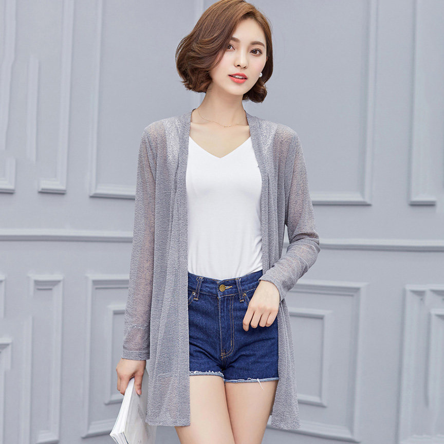 特价开衫中长款女雪纺_透视网纱薄款外套女空调衫雪纺中长款长袖开衫