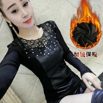 黑色打底衫女长袖春秋2018新款PU皮韩版网纱上衣加绒蕾丝衫小衫潮