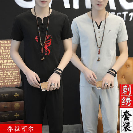 亚麻休闲套装男士夏季薄款V领棉麻青年短袖刺绣t恤男宽松长裤加大