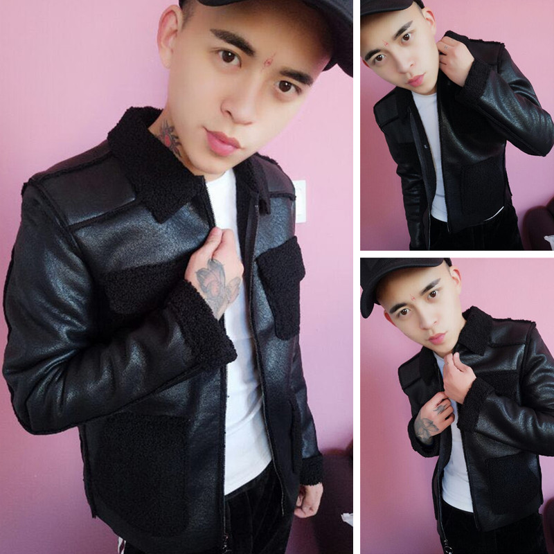 快手红人冬装男时尚修身chic皮衣男精神社会小伙百搭潮帅气外套男