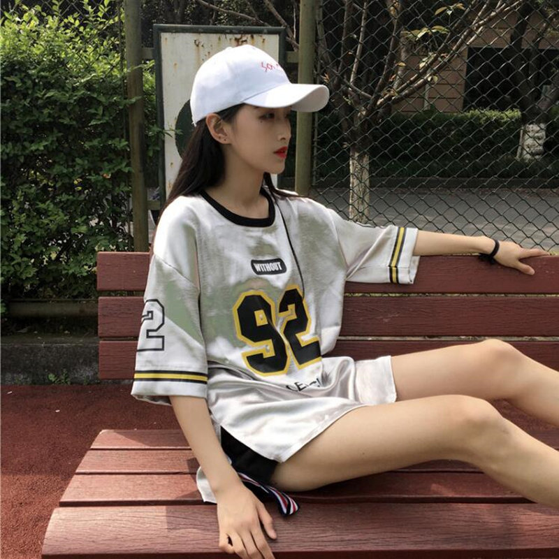 服女生韩版中长款嘻哈球衣原宿宽松短袖街头bf风学生运动服女优惠券