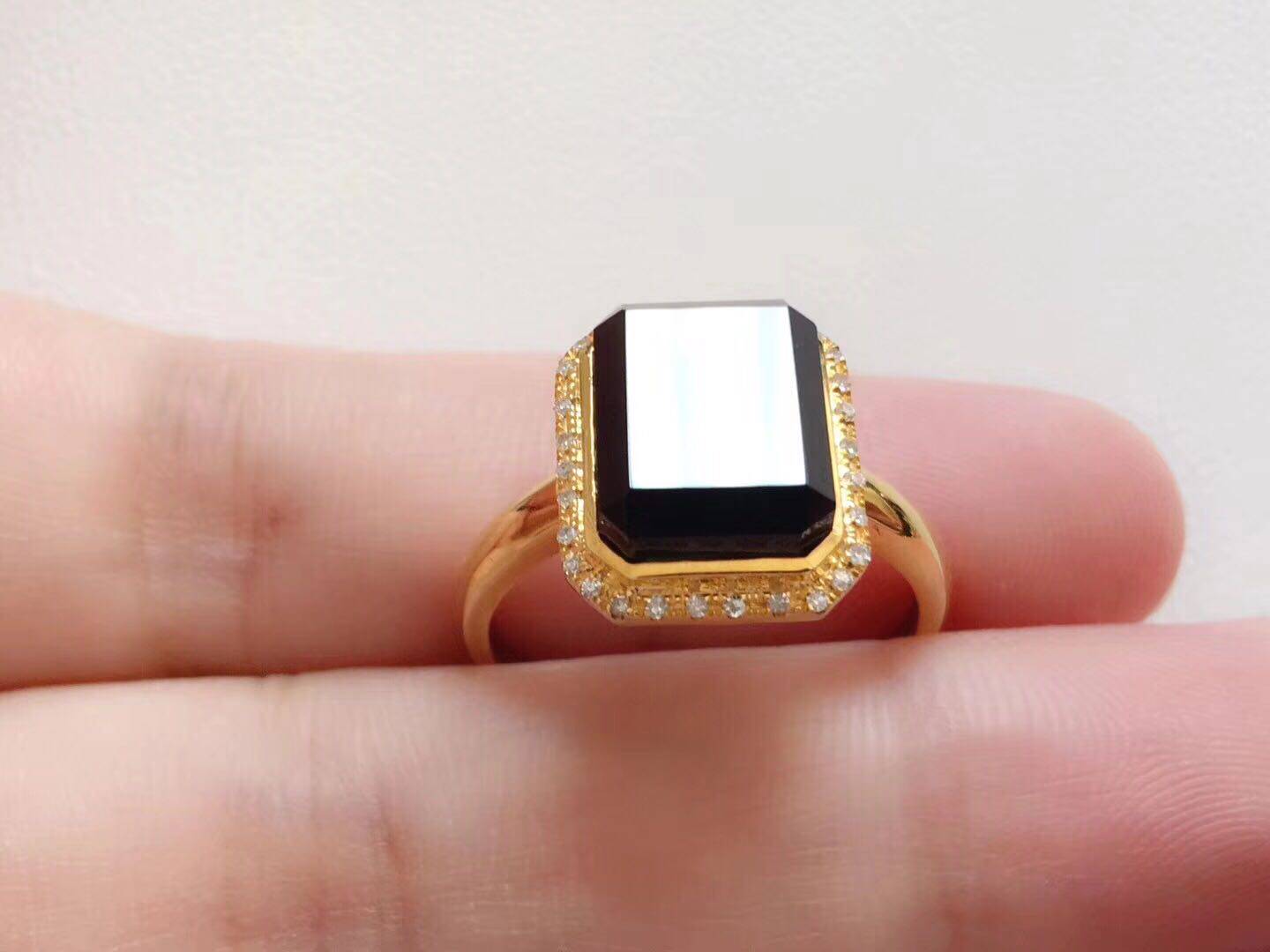 缅甸天然翡翠a货玉石镶嵌18k金墨翠方形戒指男戒指黑度足打灯满绿