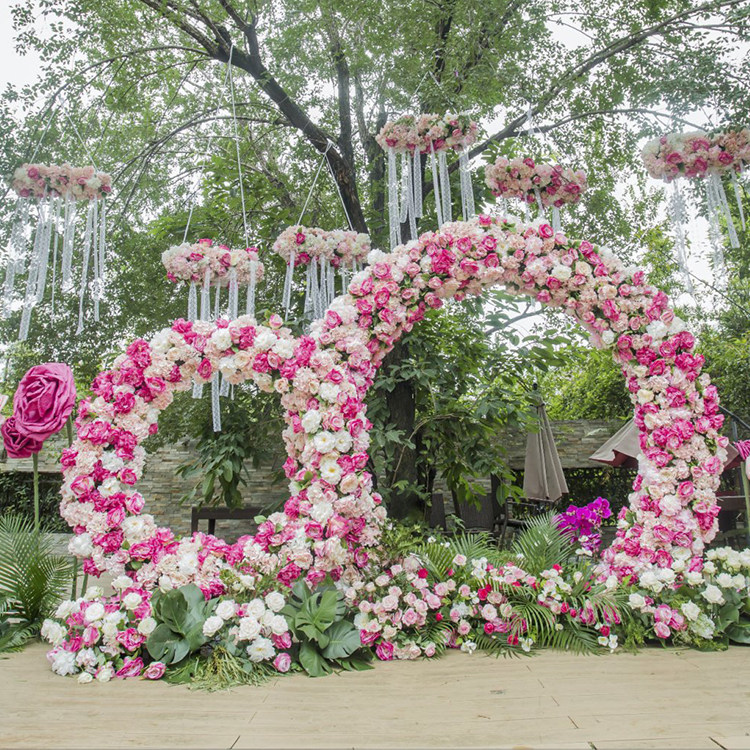新款婚庆道具铁艺圆环拱门仿真花绢花艺铁架婚礼舞台背景装饰