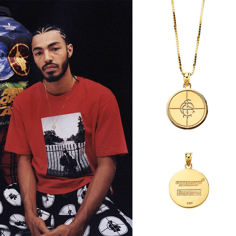 supreme联名_嘻哈金项链supreme联名18ss高桥盾k金说唱圆牌hiphop非