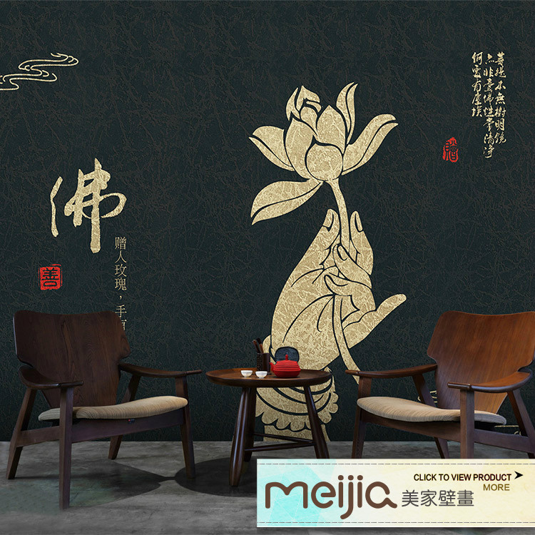 墙纸壁画 客厅_3d佛手莲花玄关壁画中式古典佛教禅意客厅壁纸餐厅瑜伽
