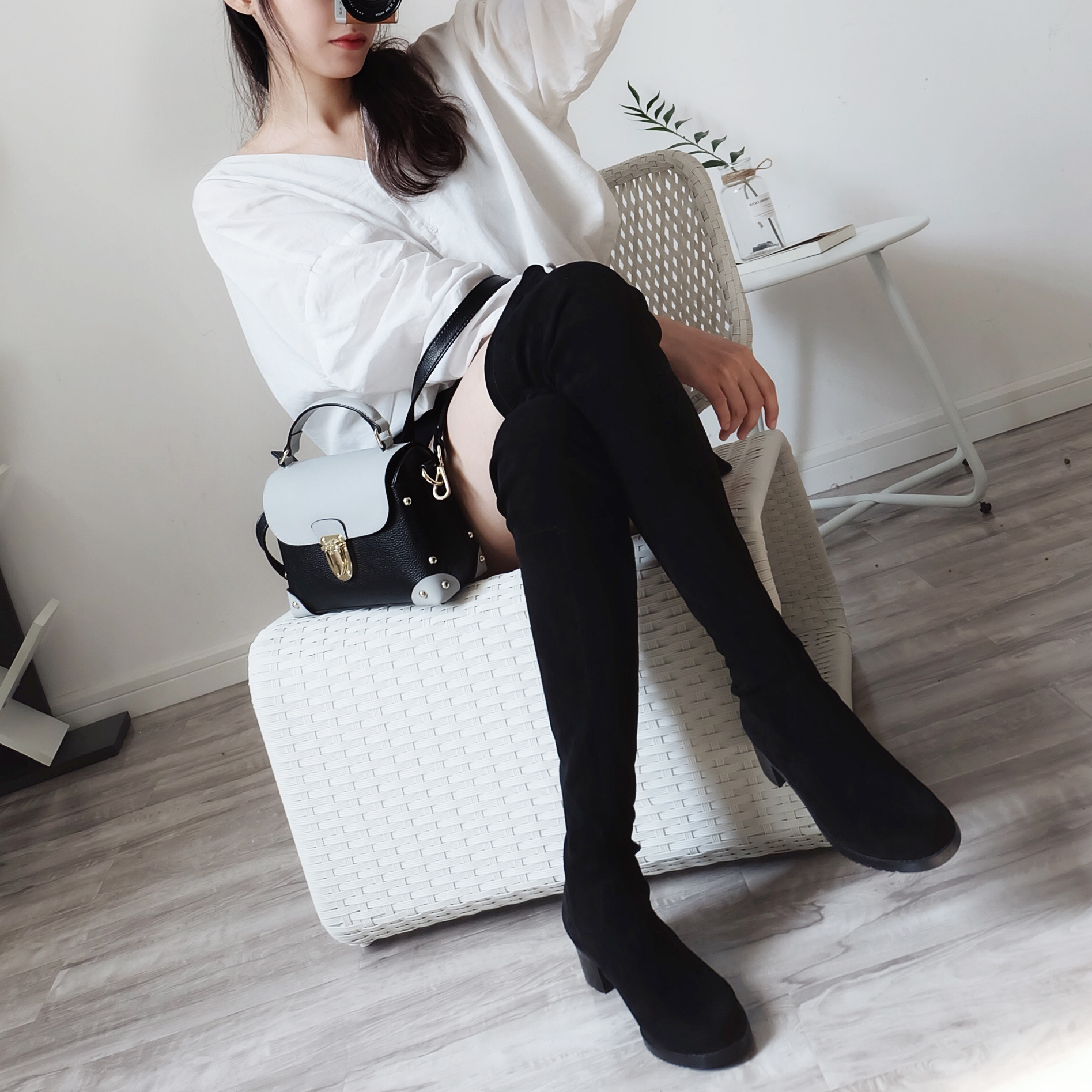 2017秋冬新高筒女靴过膝长靴女瘦腿弹力靴平底系带女鞋过膝靴