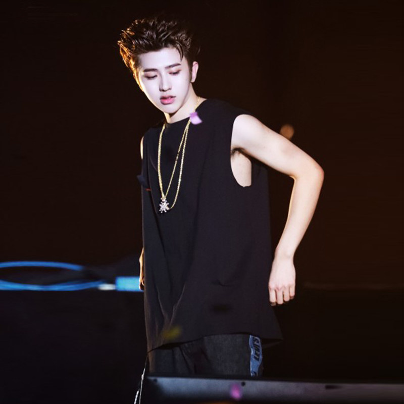 一折背心打底衫无袖男_ikun蔡徐坤同款衣服男 女夏季黑色圆领背心运动