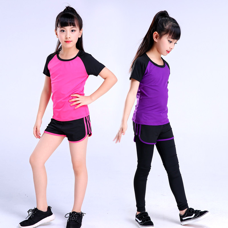 夏季女童瑜伽服短袖运动套装中大童健身房晨跑步户外速干衣练功服
