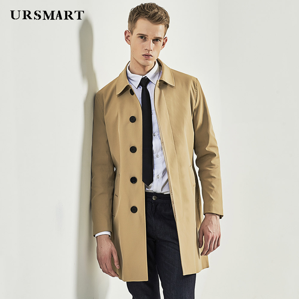 ursmart时尚短款风衣男双排扣灰色男士风衣简约修身外套男潮