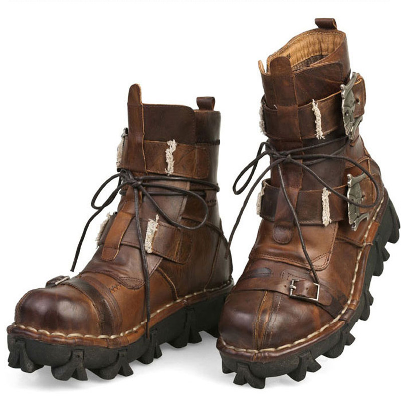 中帮 休闲_男式靴子牛仔鞋休闲工装鞋系带中帮筒鞋棕色大头鞋皮靴潮大