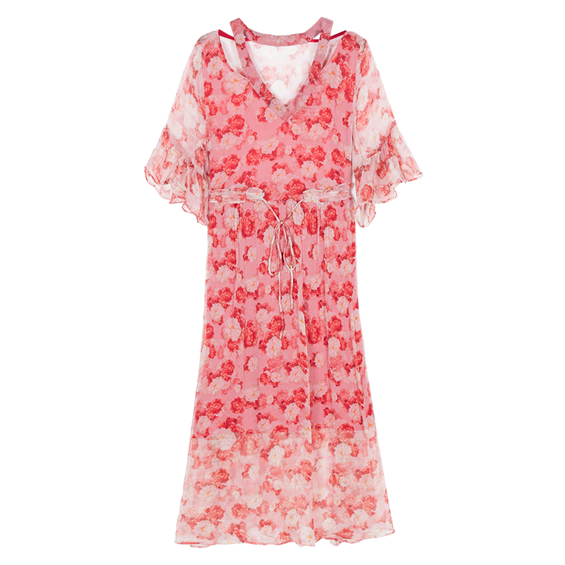 v领真丝连衣裙女夏季2018新款大牌气质中长款宽松碎花