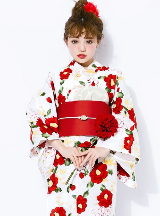 包ems拼邮 grl日本代购 可爱红色山茶花蝴蝶结女和服浴衣giu906