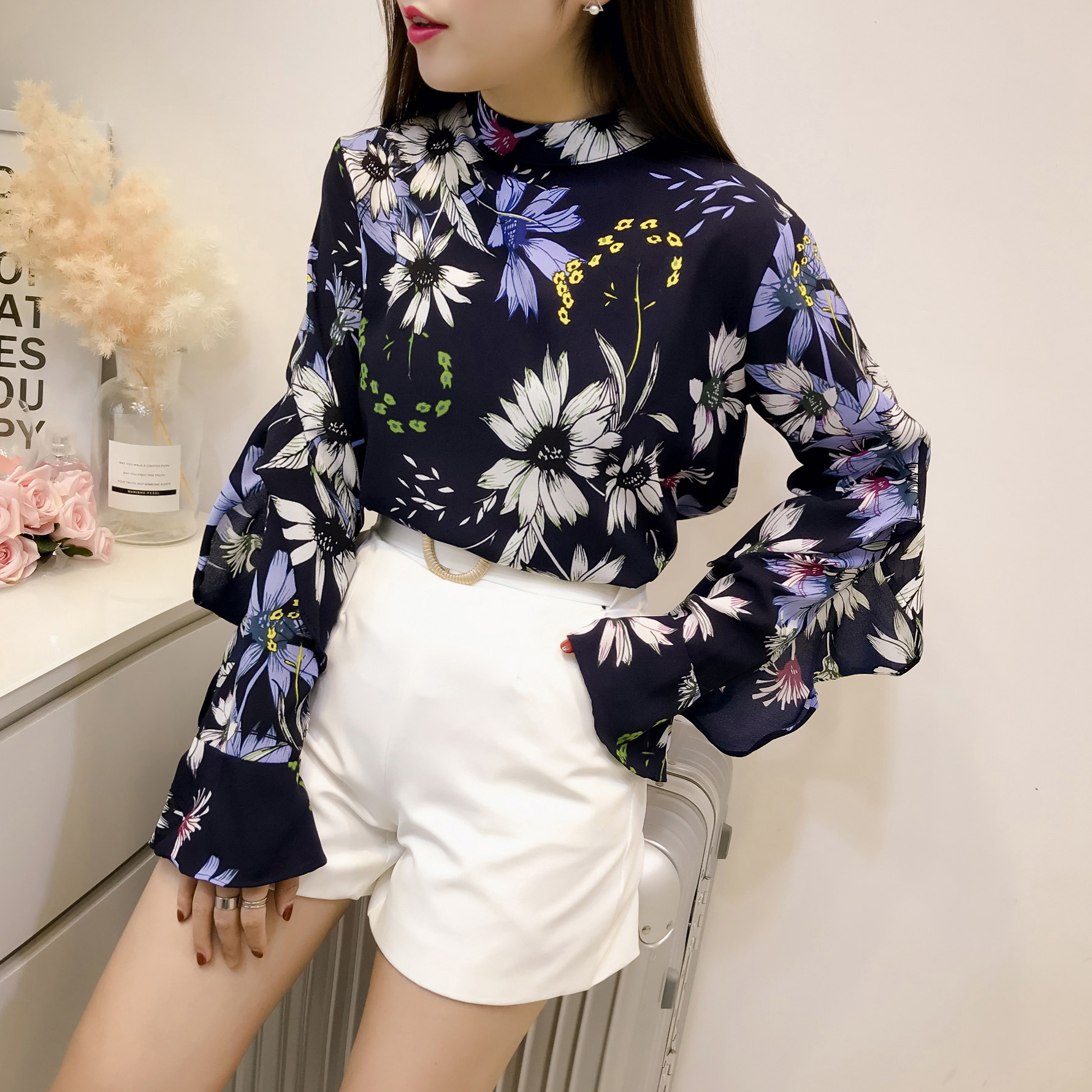 一折花衬衫女长袖碎花