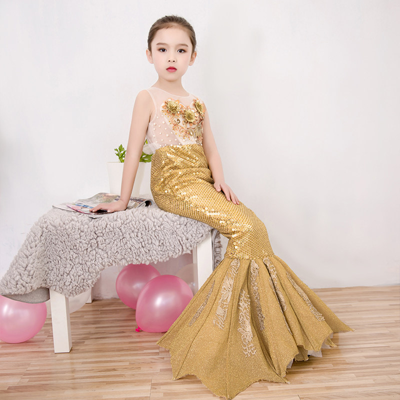 鱼尾礼服女童_六一儿童演出公主裙迪士尼女童美人鱼礼服裙海边鱼尾