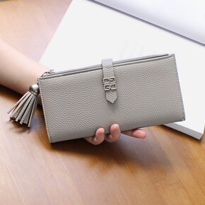 2018秋冬新款女士长款钱包钱包流苏拉链搭扣