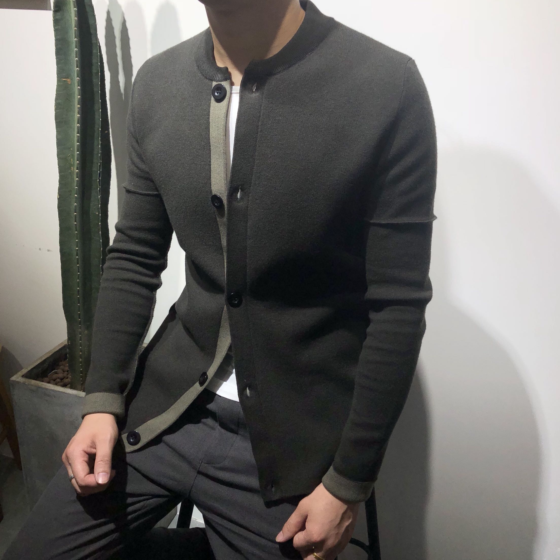 修身_2018秋冬新款男士毛衣针织开衫夹克日系纯色圆领商务修身休闲