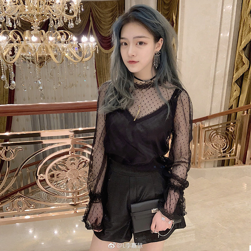 网纱黑色女内衬_李嘉慧jnnlh定制打底衫女内衬气质蕾丝网纱百搭内搭