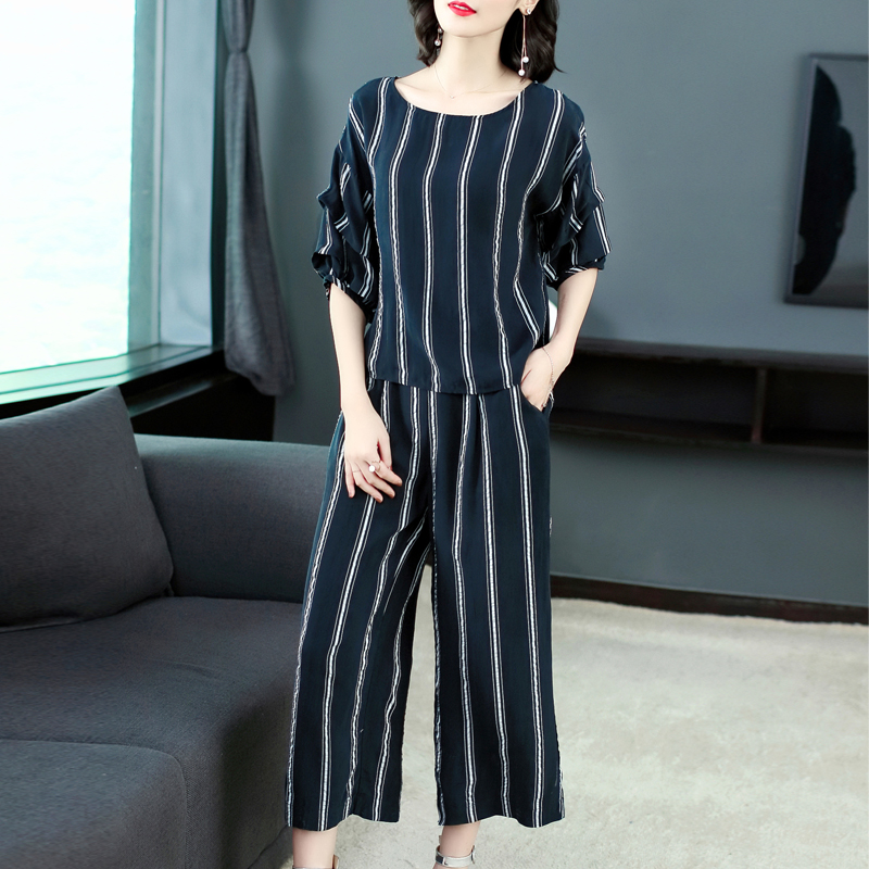铜氨丝真丝套装2018女装夏装新款高腰阔腿裤短袖宽松休闲两件套潮