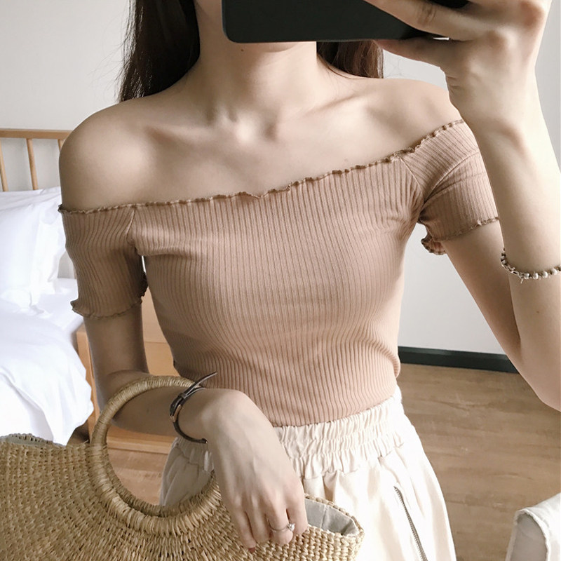 露肩上衣 一字肩 小露香肩_一字甜美无肩女夏修身小露香肩短袖lou露肩