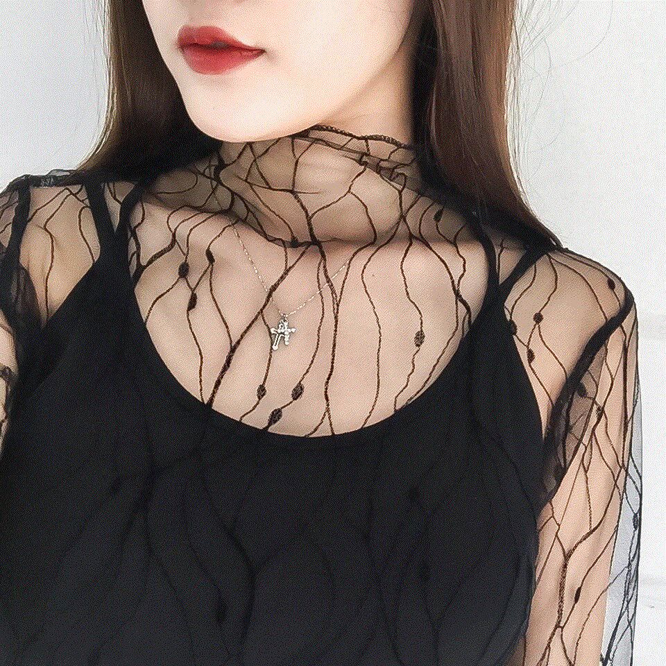 透明网纱打底衫 中长款_镂空黑网纱上衣中长款长袖渔网感网状内搭蕾丝