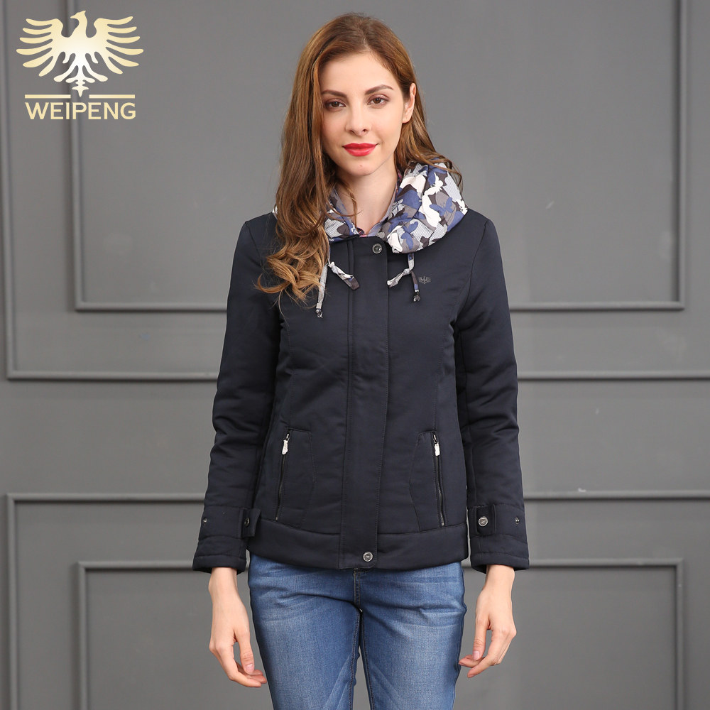 高领夹克外套女_威鹏秋冬女装深蓝色拼花高领女休闲棉便服时尚厚款