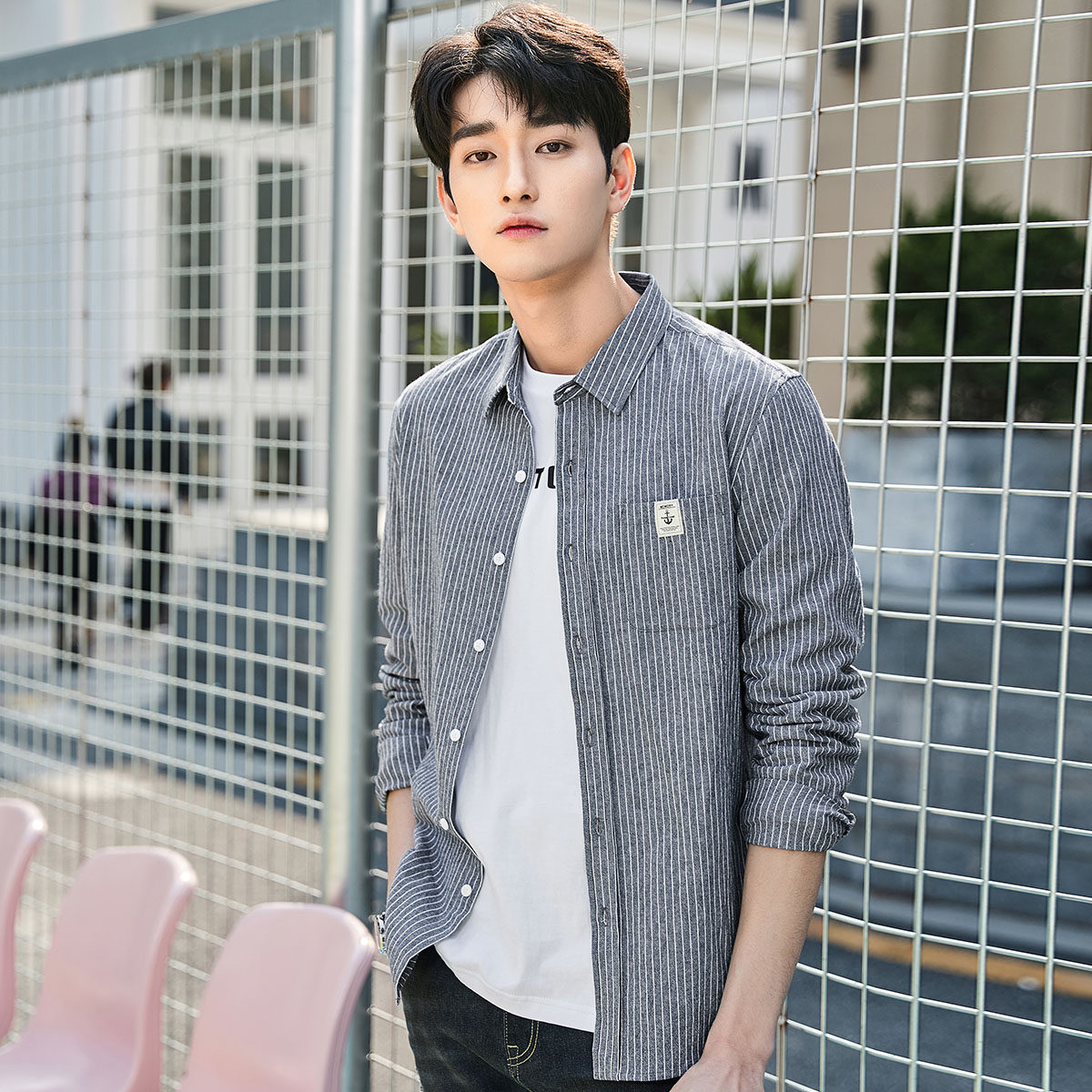 衣品天成男生衬衫条纹纯棉长袖修身款韩版潮士打底内搭学帅气衬衣