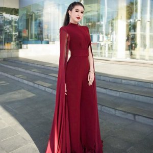 艾菲儿2018秋季新款欧美名媛霸气女神披肩宴会年会阔腿连衣长裤女