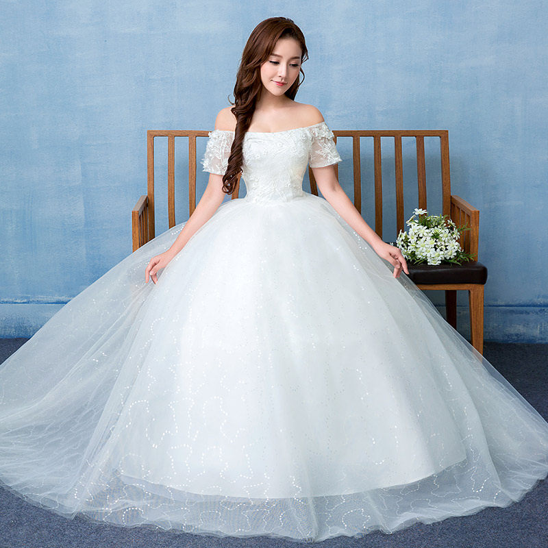 热销白色婚纱礼服新娘_婚纱礼服新娘齐地一字肩短袖韩式公主大码影楼