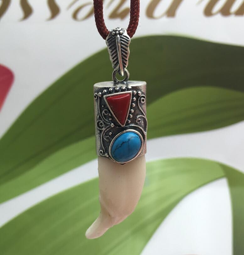 纯银狼牙套镶松石民族风狼牙狗牙护牙银套男女时尚吊坠护身符优惠券