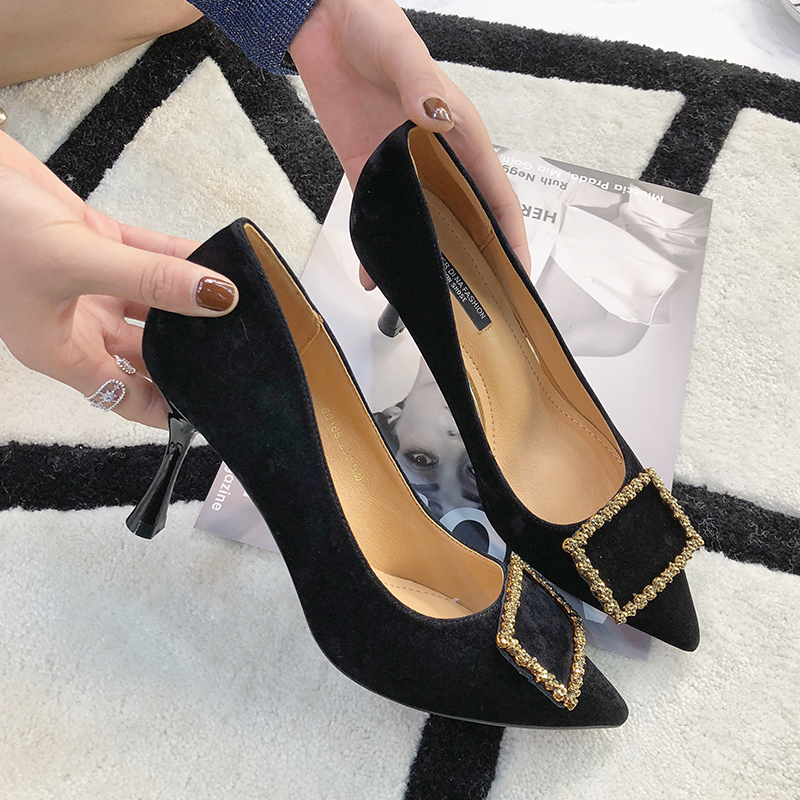 2018新款高跟鞋女鞋细跟尖头浅口性感反绒职业单鞋_天天好东西网