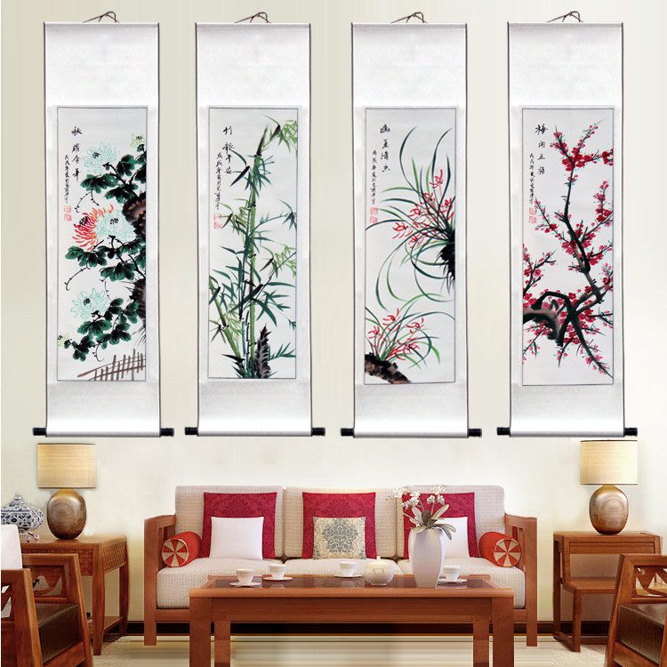 春夏秋冬唐寅仿古国画山水画四条屏 客厅办公室字画书画作品已裱