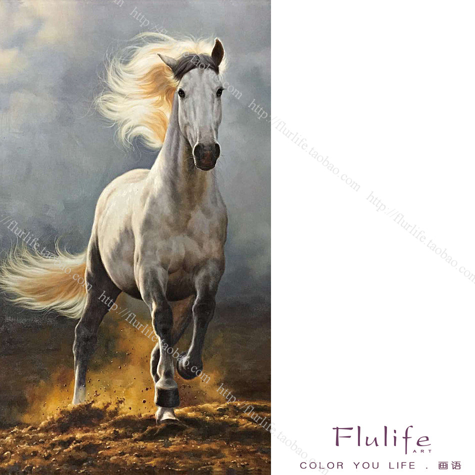 flurlife现代中式纯手绘动物家居装饰油画竖版奔跑的骏马带框包邮