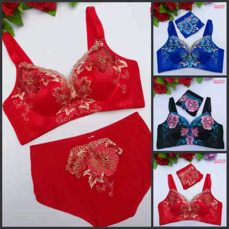 花文胸_性感牡丹花刺绣大红色本命年文胸聚拢加厚调整型结婚幸福内衣