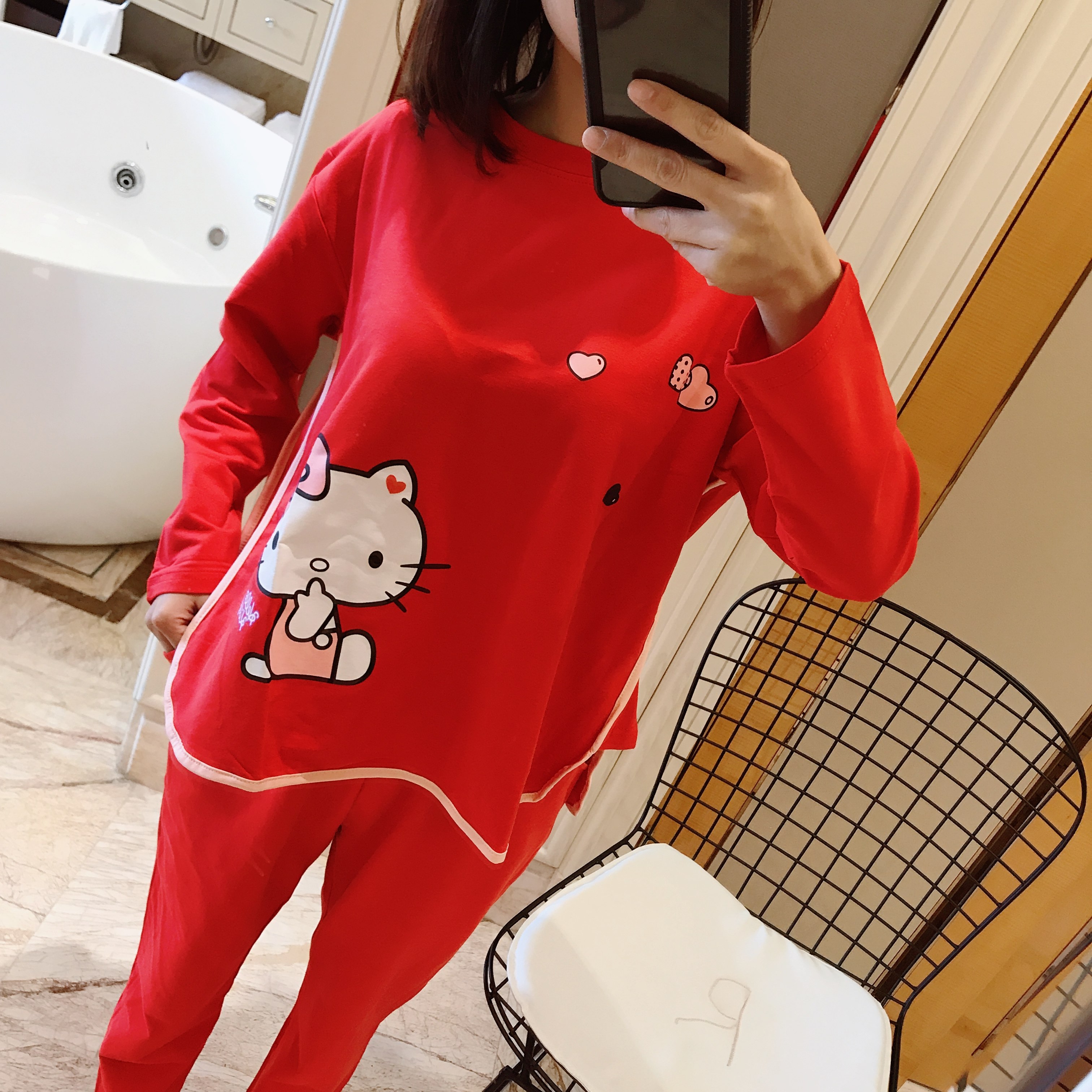 hellokitty睡衣纯棉_韩版卡通hellokitty睡衣女春秋甜美可爱纯棉家居