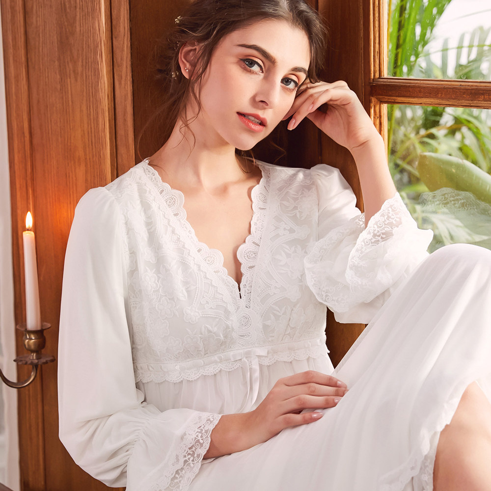 秋冬双层网纱莫代尔长袖睡裙女长款宫廷复古风公主性感少女睡衣