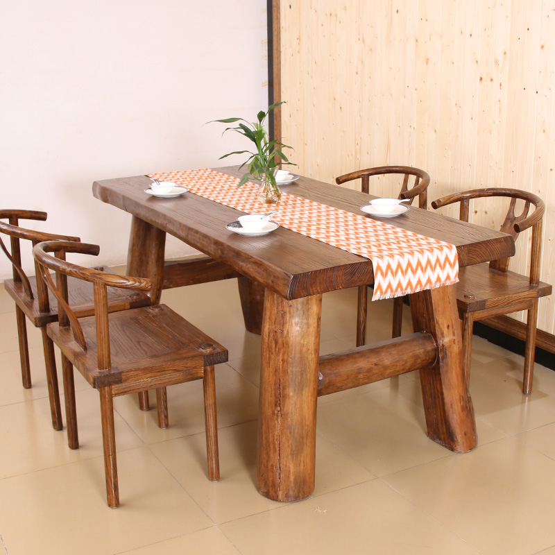 老榆木餐桌椅组合中式全实木餐桌茶桌原生态长方形6人座餐桌定制