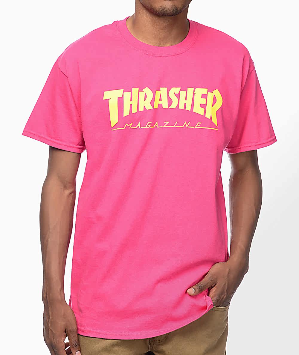 美国代购thrasher magazine logo t shirt男子粉红色运动短袖t恤