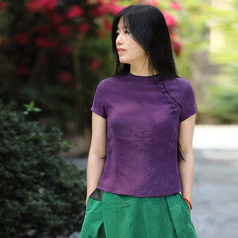 【醉桃源】吉祥羽儿夏季新品中式莨绸上衣女短袖香云纱修身t恤女