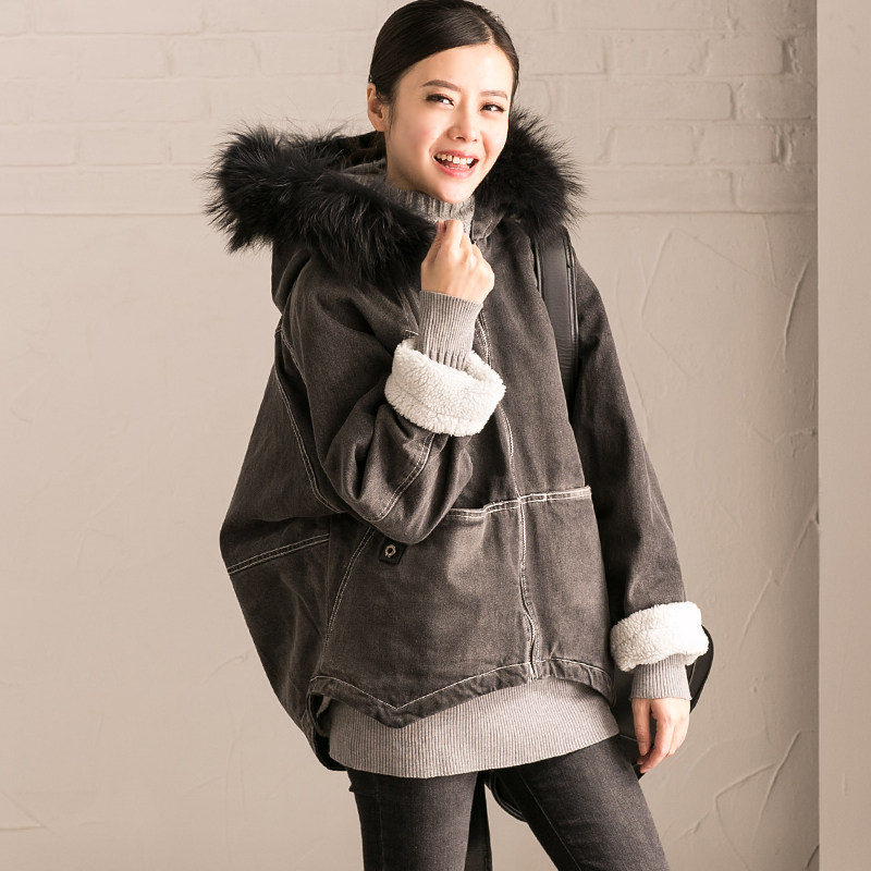 米兰宣言 w1230b 通勤连帽貉子毛领羊羔毛保暖牛仔外套女 2017春
