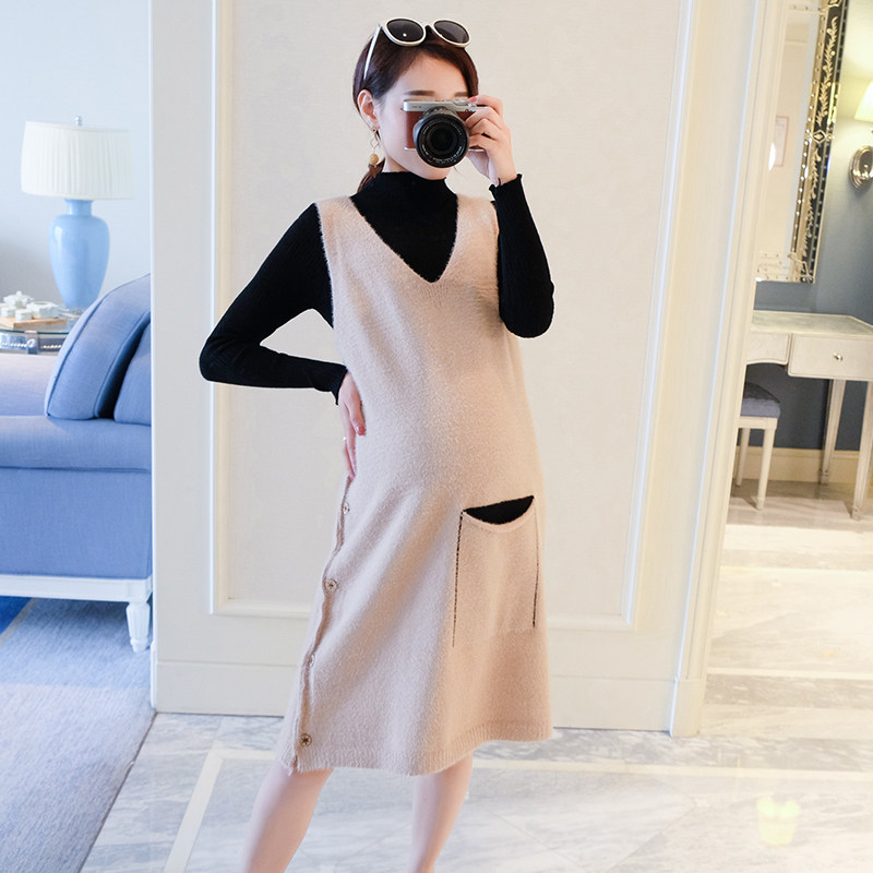 孕妇装秋冬新款韩版背心裙加厚针织衫上衣两件