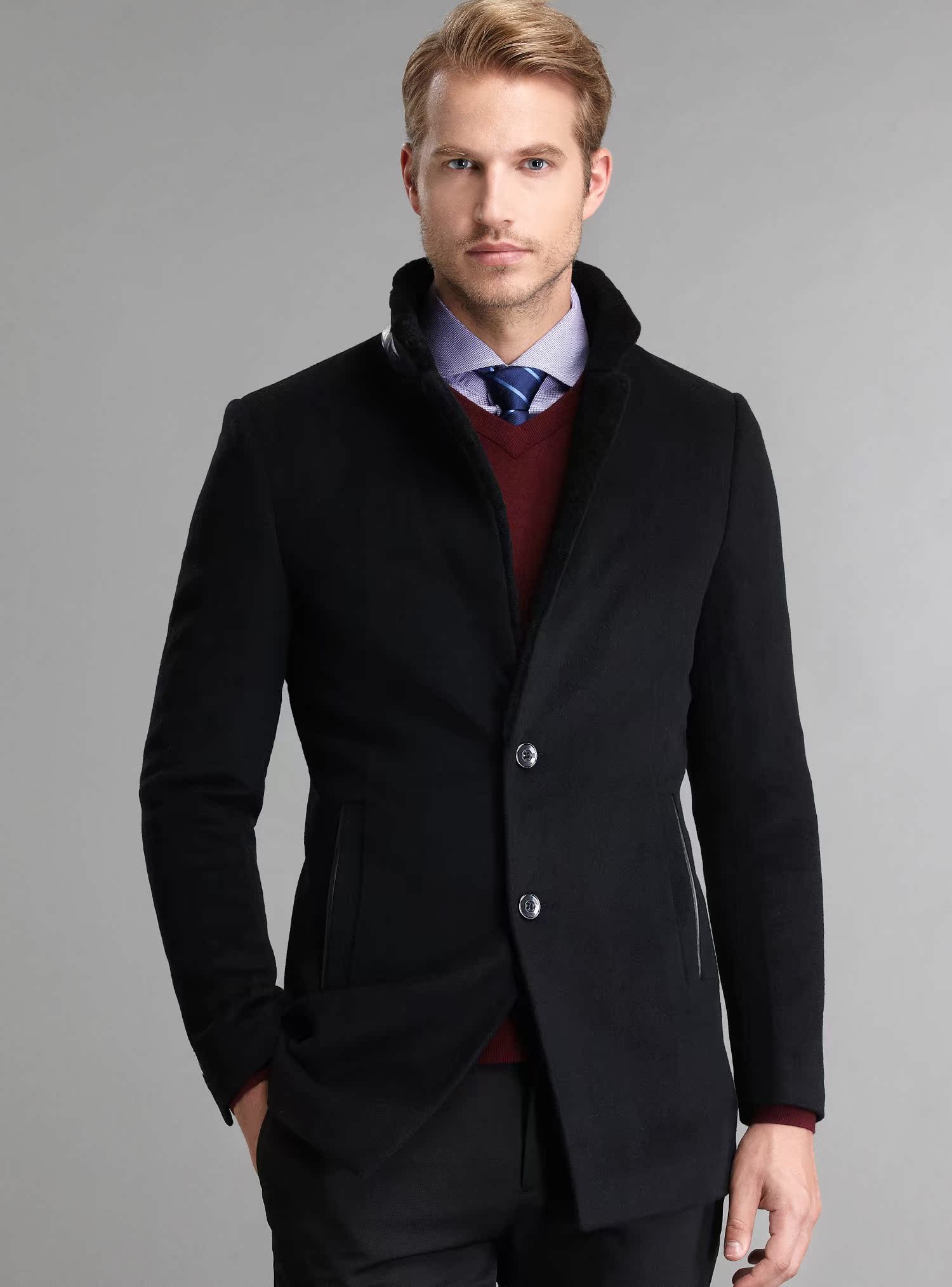 一折羊羔绒大衣男_蒙蒂埃莫典雅绅士单排扣羊羔毛领羊绒混纺男士大衣