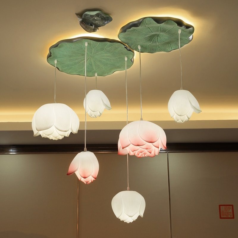 现代新中式莲花吊灯酒店客厅餐厅卧室楼梯过道灯具中国风荷花灯饰