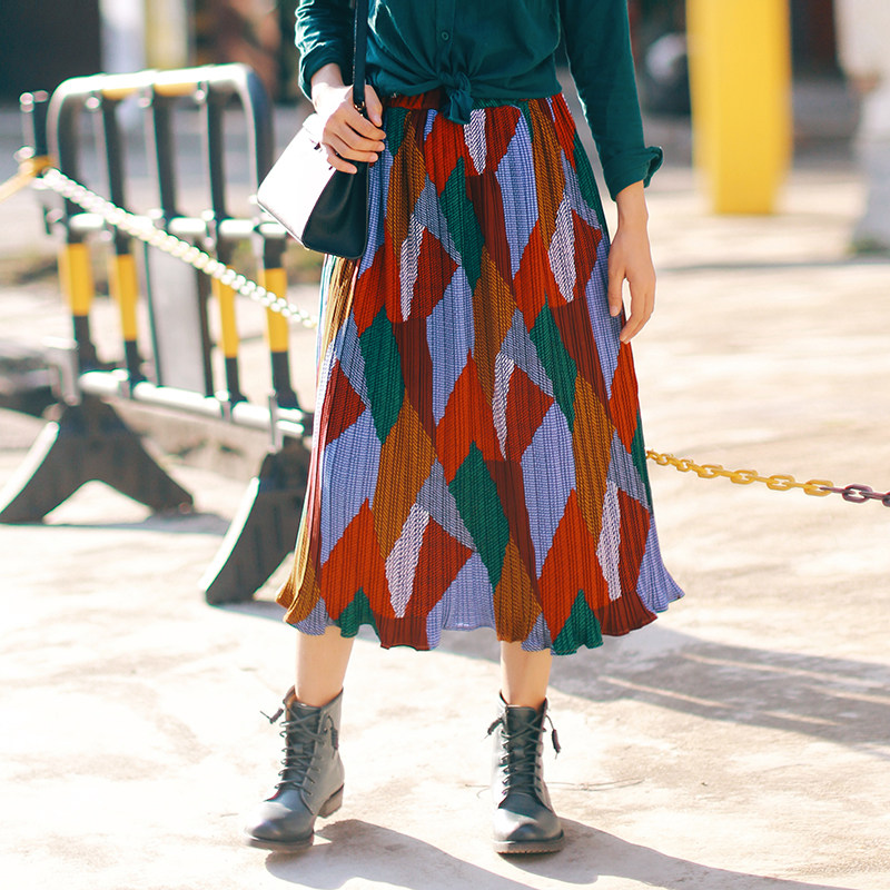 春夏新款原创设计高腰复古彩色印花半身裙 色块拼接大裙摆百褶裙