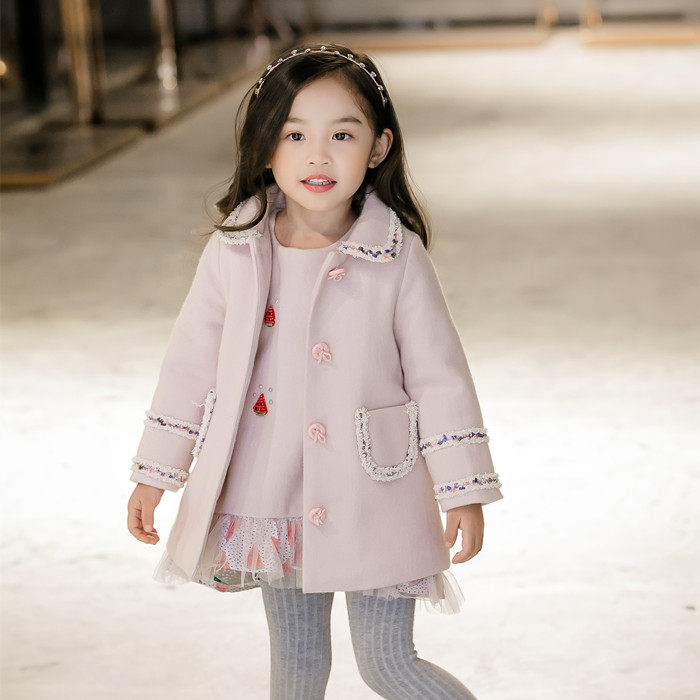 poka秋冬中大女童装中长款小香风外套夹棉加厚